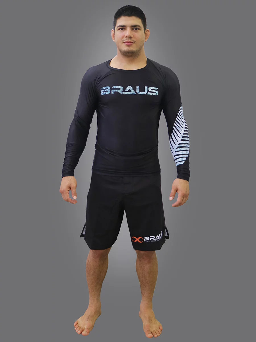 Braus-Fight-Jiu-Jitsu-No-Gi-Grappling-Rash-Guard-Flag-New-Zealand-NZ-Long-Sleeve-Front-Men All Blacks