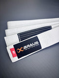 White martial arts belt with Braus logo on a gray background