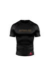 Black rash guard with a lion emblem and text design in the center, predominantly black with some red detail