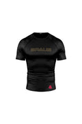 Black rash guard with a lion emblem and text design in the center, predominantly black with some red detail